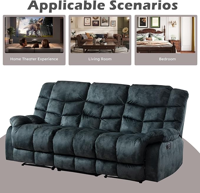 EBELLO Manual Recliner Sofa Set Soft Fabric Reclining Living Room Set Included Single Recliner Chair and 3PC Bonded Manual Recline Sofa Grey Green