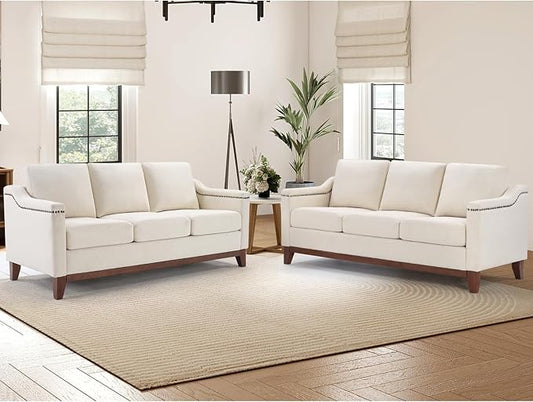 Classic 3-Seater Sofa Set of 2 with Nailhead Trim High-Density Foam Cushions &amp Sturdy Solid Wood Legs Soft Fabric Couch for Living Room Beige