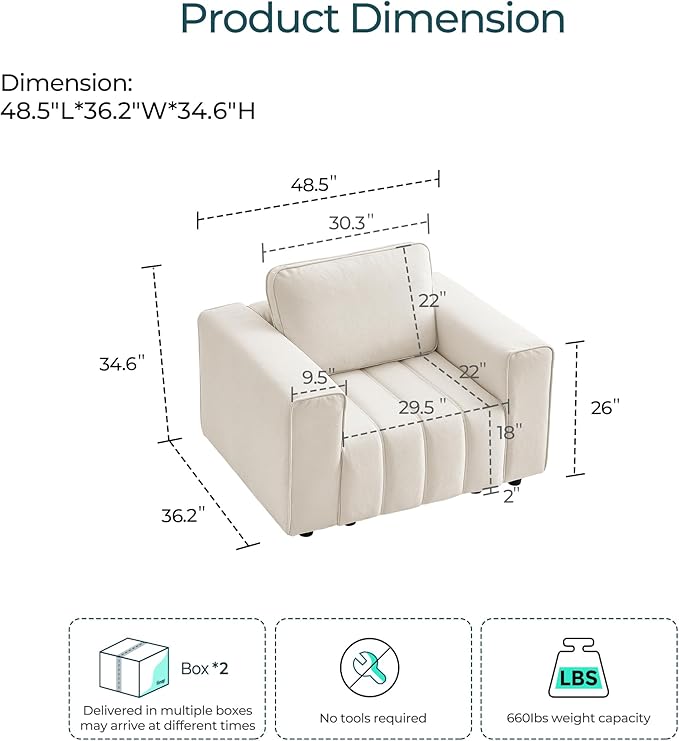 LINSY HOME Oversized Modular Sectional Sofa Chair Deep Seat Upholstered Armchair with Anti Cat Stretch Fabric and Metal Frame Modern Single Sofa for Living Room Bedroom Apartment Reading Room Beige