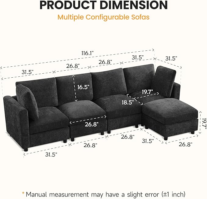 116'' 4-Seater Modular Sectional Cloud Sofa with Ottoman Convertible L-Shaped Couch for Living Room Modern Deep Seat Modular Sofa Chenille Dark Grey