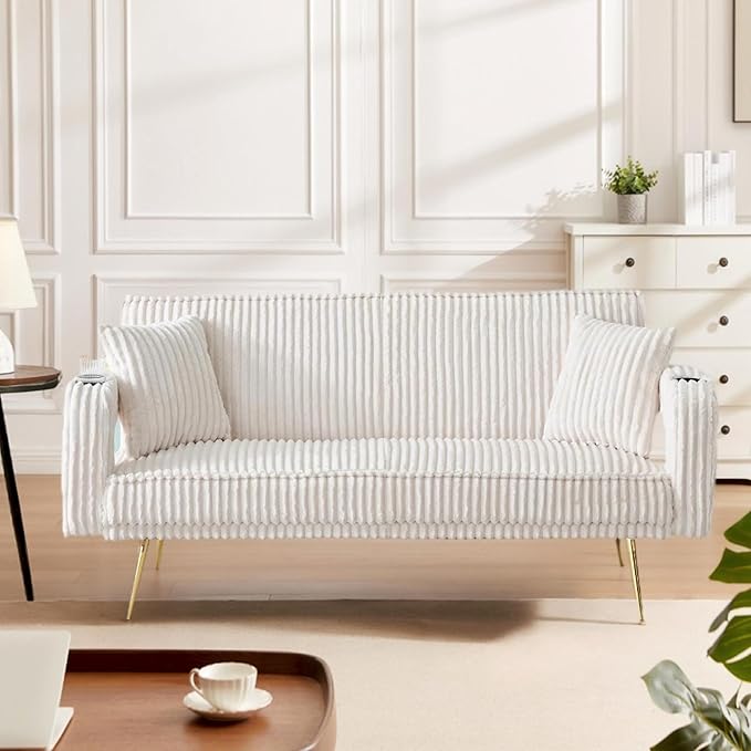 73 Convertible Futon Sofa BedComfy Teddy Fabric Sleeper Couch with 3 Reclining BackrestsGolden Chrome LegsModern Cloud Sofa Loveseat for Small Living Room Office (Beige)