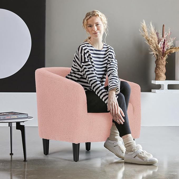 Magshion Barrel Chair Modern Sherpa Armchair Boucle Fabric Accent Chair with Cozy Soft Padded Single Sofa Chair for Living Room Bedroom Office Waiting Room 300lbs Capacity Pink