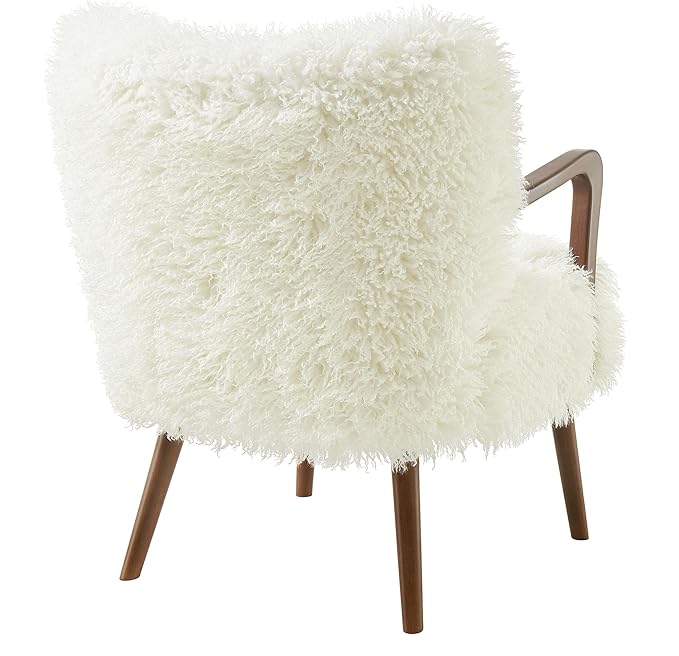 Modway Zerra Upholstered Faux Shearling Lounge Chair in White – Mid-Century Modern Accent Armchair with Wood Frame – Fuzzy Fabric Single Sofa Chair