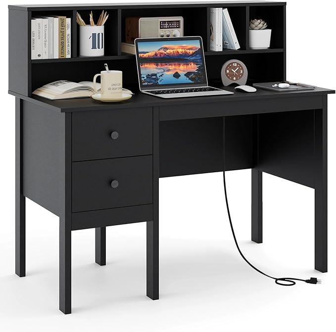 Giantex Black Desk with Drawers &amp Hutch Home Office Desk with Charging Station 5 Storage Cubbies Makeup Vanity Table Modern Study Writing Desk PC Laptop Desks Computer Workstation for Bedroo