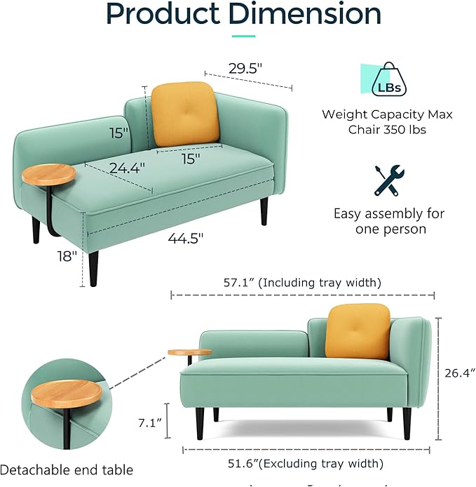 LINSY Small Loveseat Sofa Mid Century Modern Couch 2 Seater Loveseats for Small Spaces 57 Mini Couches for Bedroom Living Room Teal Linen Settee Couch with Removable Table and Pillow (Teal Left)