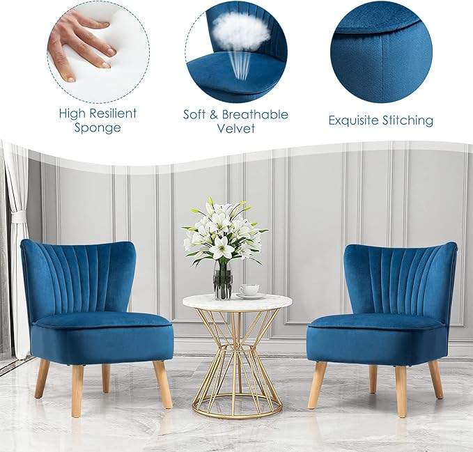 KOTEK Velvet Accent Chair Modern Armless Accent Chair w/Solid Rubber Wood Legs Upholstered Side Chair Club Sofa Chair Slipper Chair for Living Room Bedroom (Blue)