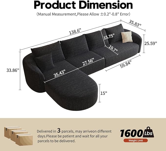 138.6 L Shaped Modern Modular Sectional Curved Back Sofa Minimalist Style Comfy Cloud Couch for Living Room Apartment No Assembly Required Boneless Couches (BlackLeft Facing Chaise)