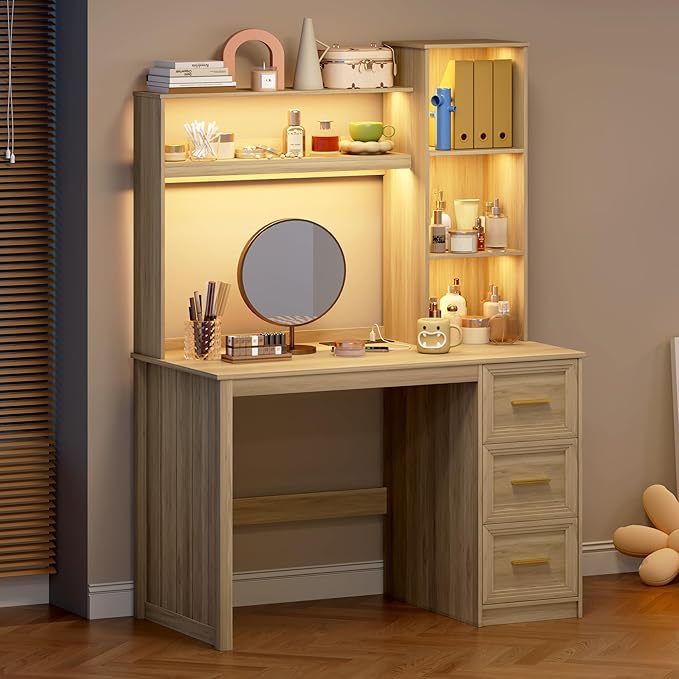 LVSOMT 40” Home Office Desk with Hutch and Drawers Computer Desk with Power Outlets and LED Light Study Writing Gaming Table with Storage Shelves Workstation for Bedroom Wood