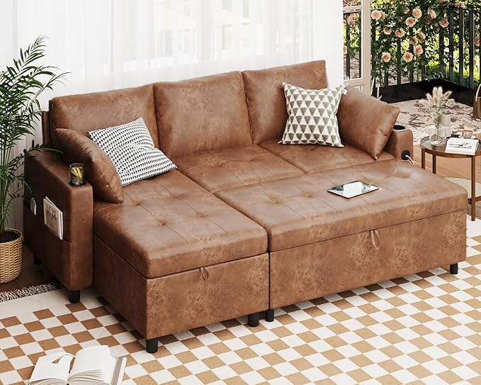 Leather Sleeper Sofa Couch with Pullout Bed 80'' Sofa Bed Pull Out Couch with Reversible Storage Chaise Sectional Couches with USB Charging Ports&ampCup Holders for Living Room Brown