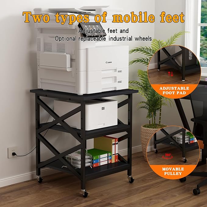 Large Printer Stand with Power Outlet with Height Adjustable Storage Shelf 3 Tier Rolling Printer Cart with Industrial Wheels 23.6 x 23.6 Inches Printer Table for Home OfficeBlack
