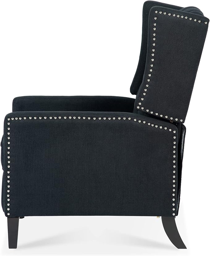 Pushback ReclinerComfortable Wingback Recliner Sofa Chair with Adjustable Backrest Tufted Fabric Upholstered ArmchairRetro Rivets Decorated Recliner for Living Room Bedroom Office Home(Black)