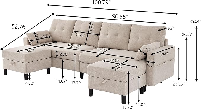101 Convertible Sectional Sofa U-Shape Sofa Couch 4-Seat Couch with Storage Ottoman Comfy Linen Fabric Sectional Couches with Side Pocket for Living Room Apartment Office Beige