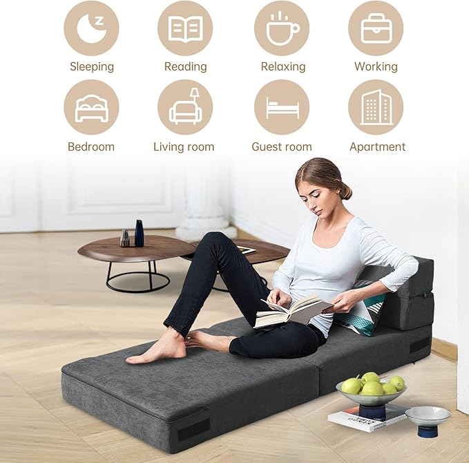 Folding Sofa Bed Single Size with Pillow Memory Foam Convertible Sleeper Chair Floor Couch Futon Lazy for Living Room Home Office Guest Beds Apartment Upstairs Loft Dark Gray