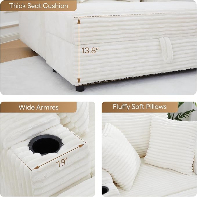 LIKIMIO 54''Oversized Chaise Lounge Chair IndoorFirm Solid Wood Frame with USB &amp Cup HolderComfy Corduroy OttomanReading Chair for Living Room Study Room (White)