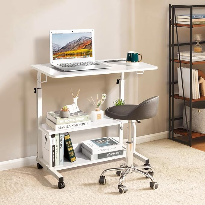 Wooden Adjustable Height Portable Laptop DeskMobile Rolling Computer DeskSofa Bedside Laptop TableHome Office Laptop Workstationwith Power Outletsfor Small Spaces Bedroom Apartment (White)