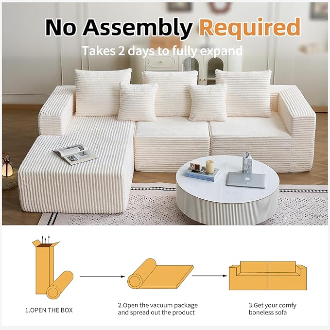 Modern Corduroy Sectional Sofa with Chaise Black Ribbed Fabric L-Shaped Living Room Couch (Beige Left Facing Chaise)