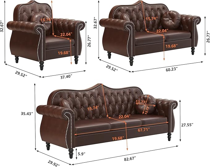 AVZEAR 82 Three Seater Sofa Chesterfield Sofa Mid-Century Modern PU Upholstered Sofa Deep Button Tufted Living Room Sofa with Two Throw Pillows Brown
