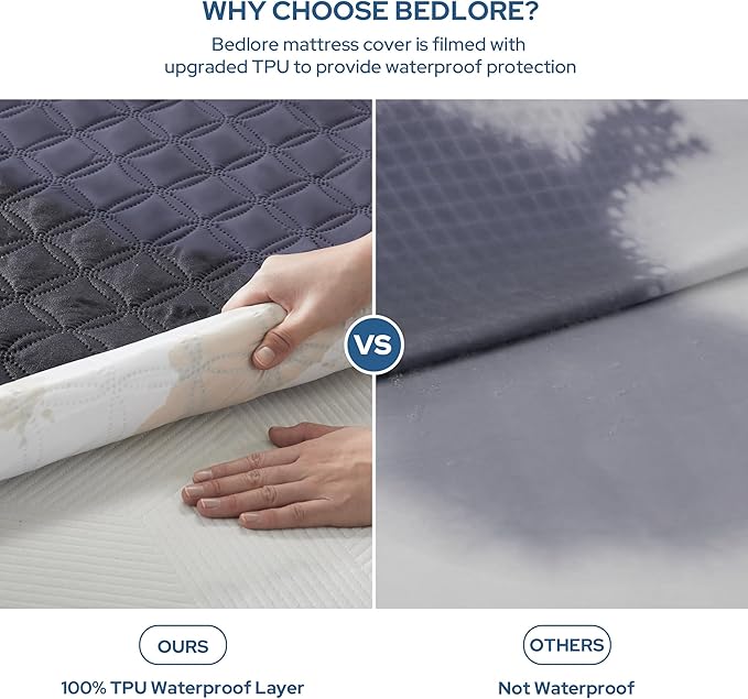 BEDLORE Waterproof Mattress Protector Twin Size Noiseless Mattress Pad with Deep Pocket 6-15 Depth Soft Breathable Bed Mattress Cover Washable for Home Bedroom Hotel (Navy Blue)