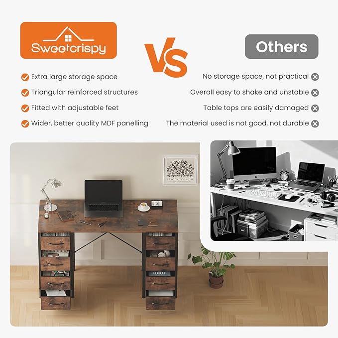 Sweetcrispy Desk with 8 Fabric Storage Drawers Computer Office 47 Inch Gaming Writing Study Table with X-Shaped Reinforced Structure for Home Office Bedroom PC Desk Brown