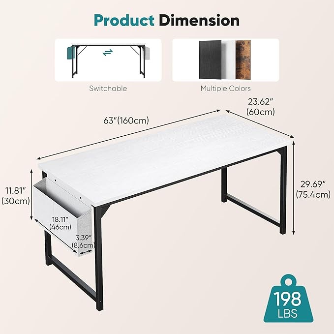 OLIXIS Computer Desk 63 Inch Home Office Desks for Small Spaces Gaming Writing Study Work Table with Storage Bag and Headphone Hook for Bedroom White