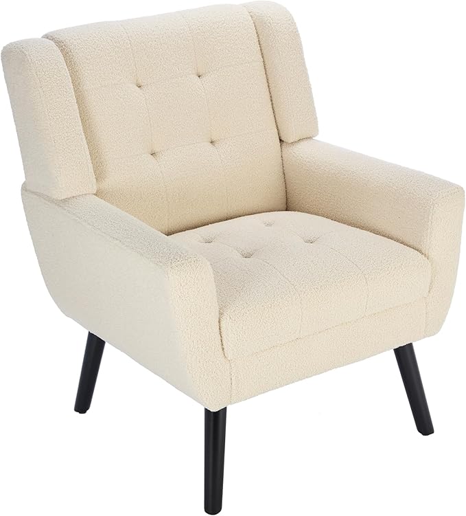 Modern Soft Teddy Material Ergonomics Accent Chair Living Room Chair Bedroom Chair Home Chair with Black Legs for Indoor Home White Teddy Fabric
