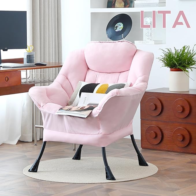 LITA Lazy Chair with Armrests and Side Pocket Modern Upholstered Accent Reading Chair for Living Room Bedroom Dorm Small Spaces Single Pink