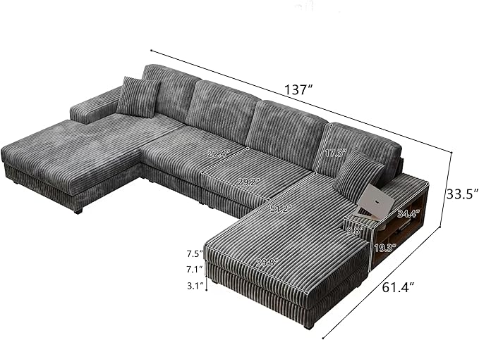 137” Oversized Corduroy Sectional Sleeper Sofa with Double Storage Chaise U Shaped 4 Seat Sectional CouchDark Gray