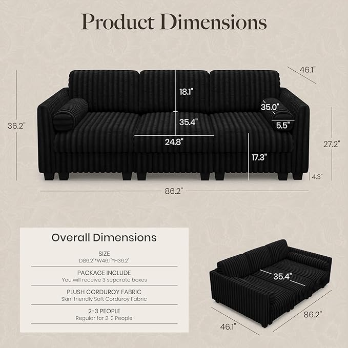 Belffin Plush Corduory Sectional Sleeper Sofa with Wide Deep Seat Modular Sectional Cloud Couches for Living Room. Black Couch
