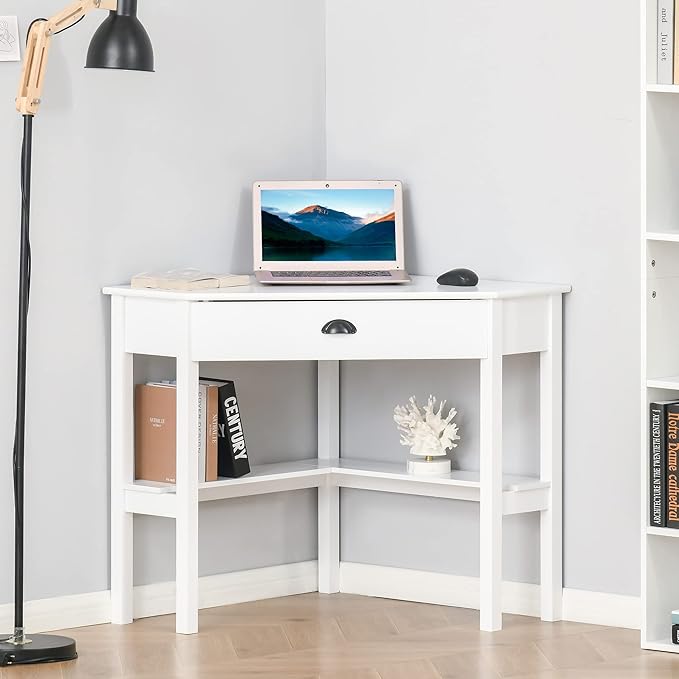 Corner Computer Desk with Drawer and Shelves Space Saving Triangle Design White Compact Home Office Workstation for Small Spaces