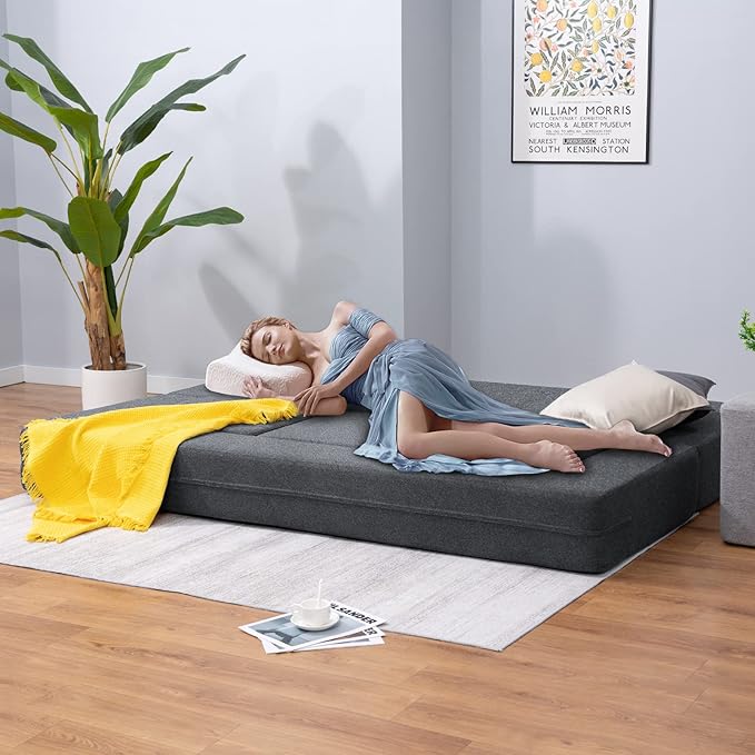 PUREMIND 10 Inch Folding Sofa Bed Velvet Convertible Floor Sleeper Sofa with 3 Ottomans Upholstered 2-in-1 Fold Out Couch Bed Queen Size Guest Bed Foldable Mattress for Living Room Office
