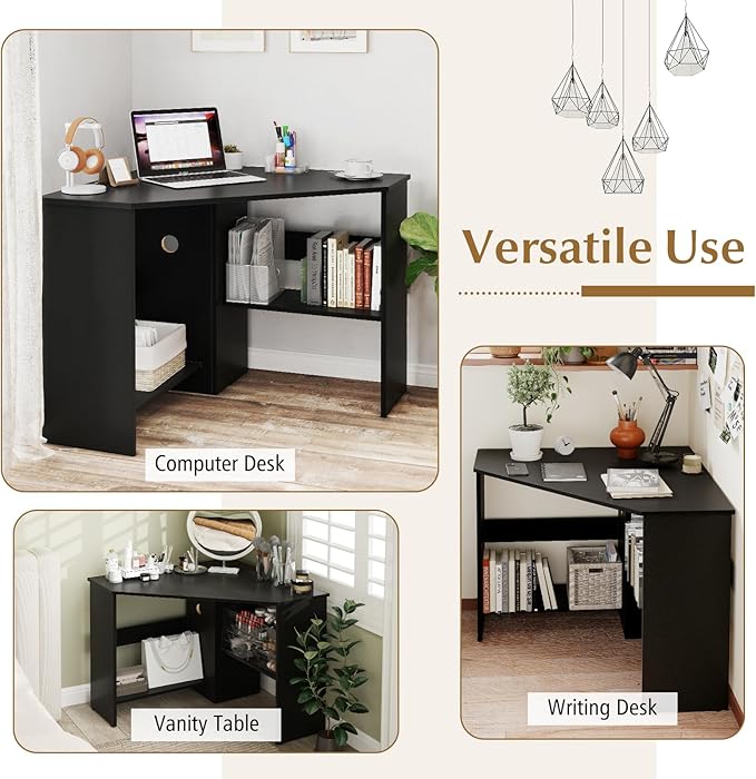 NAFORT Triangular Corner Desk with Storage Shelves and Cable Holes Space Saving Writing Desk Multi Functional Workstation for Home Office Bedroom PC Laptop Computer Table Black