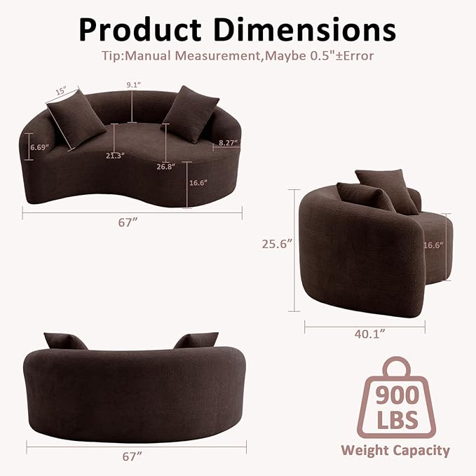 67 Curved Loveseat SofaFull Sponge Compression Sofa Chinese Tai Chi StyleS-Shaped Couch for Small SpacesNo Installation RequirementWood Grain Chenille Fabric （Brown67）