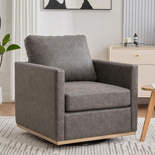 360° Swivel Accent Chair Square Modern Comfy Chair with Metal Base &amp Thicked Cushion Upholstered Lounge Reading Armchair Cozy Cloud Sofa Chairs for Living Room Bedroom Office Club(PU Gray)