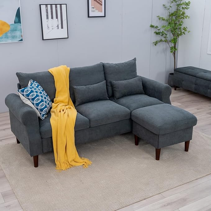 Panana 2 3 5 6 Seater Upholstered Sofa Couch Linen Fabric/Artificial Leather L Shaped Corner Sectional Loveseat Ottoman Modern Living Room Sofa (Gray Linen 3 Seater with Ottoman)