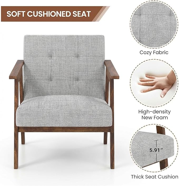 TARSHYRY Mid Modern Accent Chair Linen Upholstered Armchair with Rubber Wood Frame and Soft Cushion Comfortable Lounge Chair for Living Room Bedroom Balcony (Light Grey)