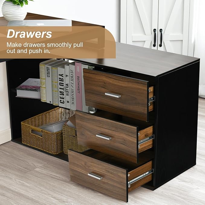 55 Inch L Shaped Desk with 3 Drawers Home Office Desk with Storage Shelves Computer Desk with Monitor Stand Black
