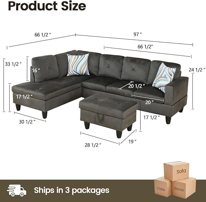 Sectional Couches for Living Room Furniture 4 Seat L Shaped Couches with Ottoman Modular Sectional Sofa for Apartment Furniture Sets Grey