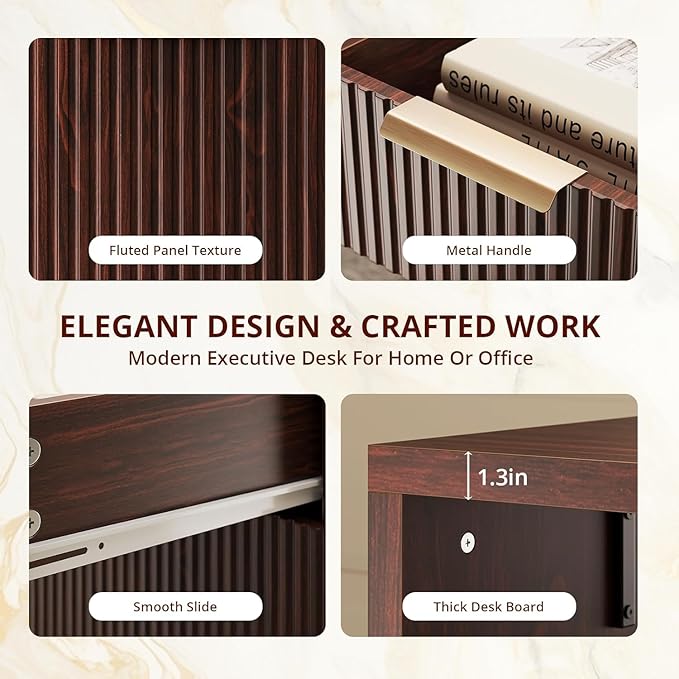 FURSUN 58 Modern Executive Desk with Storage Home Office Desk with Drawer &amp Cabinet Wooden Fluted Desk for Study Living Room Bedroom Dark Walnut
