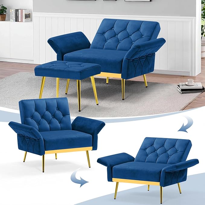 Velvet Accent Chair w/Adjustable Armrests and Backrests Tufted Single Sofa with Ottoman Upholstered Reading Chiar for Living Room Apartment Bedroom Blue