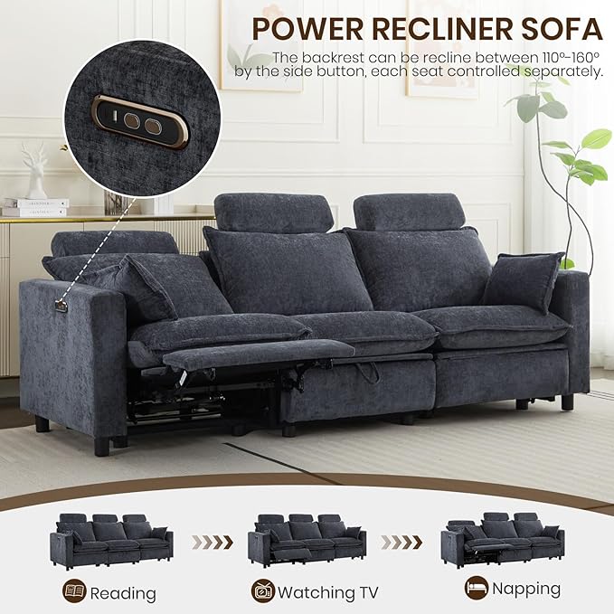 Oversized Power Reclining Sofa with Adjustable Headrest Storage Seat Power Loveseat Recliner Sofa with USB Port Wall Hugger Comfy Cloud Couch Chenille for Living Room (Grey Sofa)