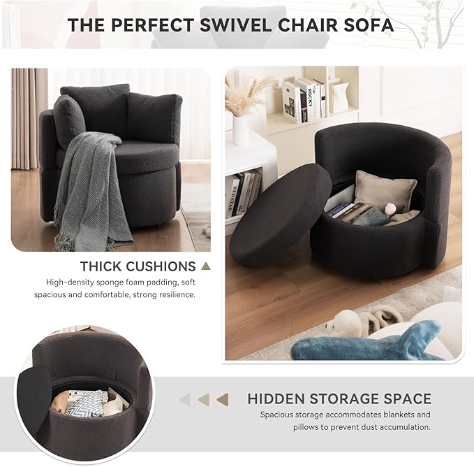 FOXHUNTER Swivel Barrel Chair 360 Degree Swivel Round Storage Chair with 3 Pillows Oversize Teddy Swivel Accent Chair Comfy Single Sofa Chair for Nursery Living Room Bedroom (Dark Gray)