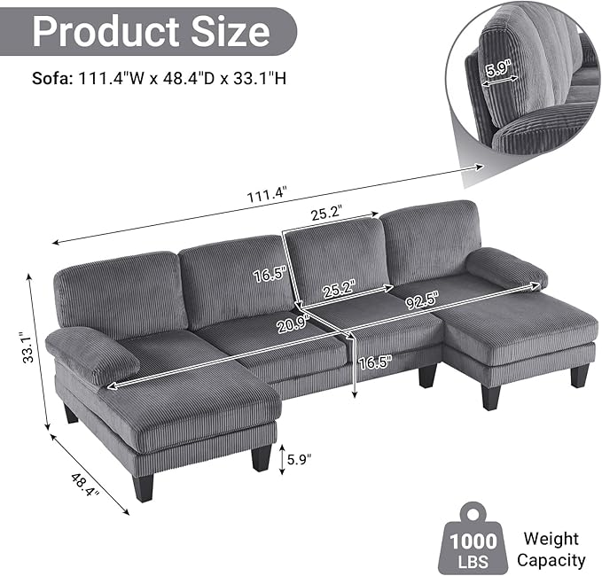 VINGLI 110 Sectional Couches for Living RoomU Shaped Couch with Double Chaise 4-Seat Sofa Set with Corduroy Fabric for Home FurnitureGrey