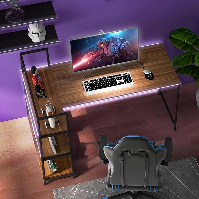 COSTWAY 59 Inch L-Shaped Computer Desk Large Reversible Corner Desk with Open Storage Shelves Space-Saving Writing Study Table PC Laptop Gaming Desk for Home Office (Black + Walnut)