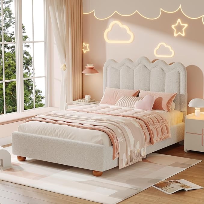 Queen Size Bed Frame with Headboard Boucle Bed Frame Soft Upholstered Platform Cloud Bedframe with Footboard Solid Wood Legs Solid Wooden Slats Support No Box Spring Required Easy Assembly