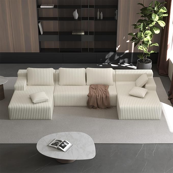 LAUSAINT HOME 132 Modular Sectional Sofa Couches U-Shaped Boneless Cloud Sofa with 4 Deep Seat 6 Cushiones Oversized Chaise for Living Room Bedroom Plush Corduroy Fabric (U Shaped Sofa Beige)