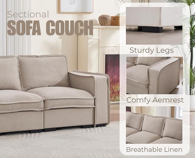 EALSON 93 Modular Sectional Sofa Modern Comfy 3-Seater Couch Sofa Linen Fabric Upholstered Cloud Couches with 24 Deep Seat and Wooden Legs for Bedroom/Living Room/Office Oatmeal