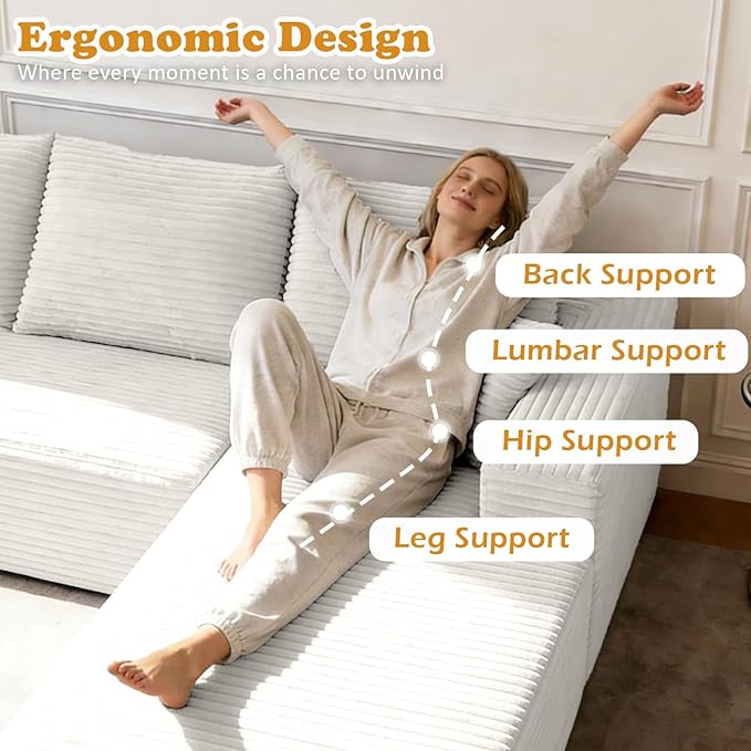 108 W Corduroy Sectional Boneless Cloud Couch with Chaise &amp Ottoman No Assembly Required U Shaped Modular Sectional Sofa Cozy Fluffy Sofa for Living Room (White Left Facing Chaise+Ottoman) |