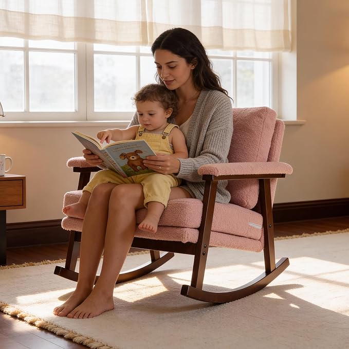Rocking Chair for Nursery Living Room &amp Bedroom Upholstered Accent Chair with Solid Rubberwood Frame Cozy Reading Chair for Small Spaces Pink