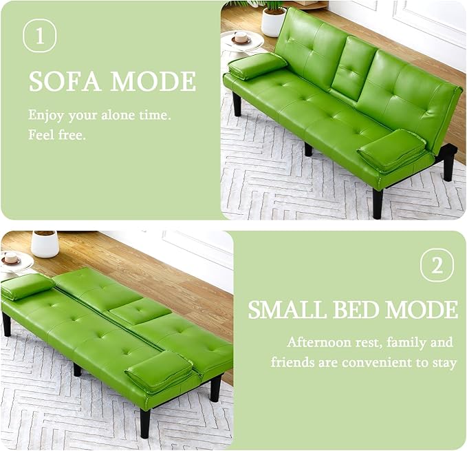 Convertible Folding Futon Sofa Bed Sleeper Couch for Living Room Modern Faux Leather Upholstered Loveseat w/Removable Armrests Metal Legs 2 CupHolders Love Seat Sofa Bed for Small Spaces (Green)