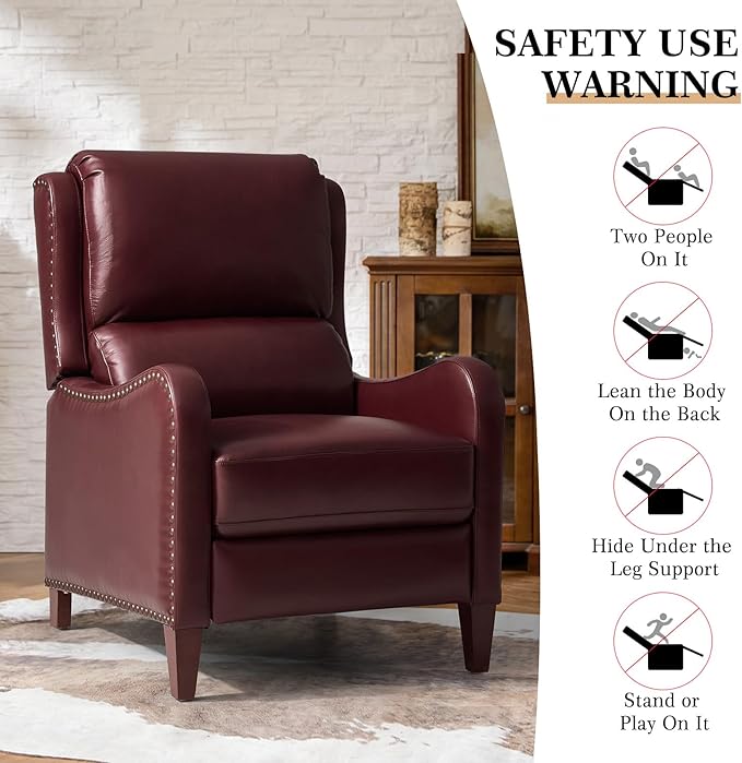 HULALA HOME Genuine Leather Recliner Chair Modern Push Back Recliner Armchair with Thick Seat Backrest &amp Footrest Nailhead Decor for Living Room Bedroom Burgundy
